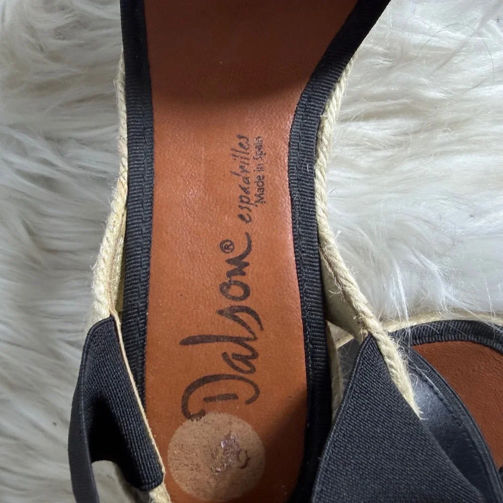 Dalson Espadrilles Black Leather Elastic Strap Wedge Sandals Made in Spain‎ 37